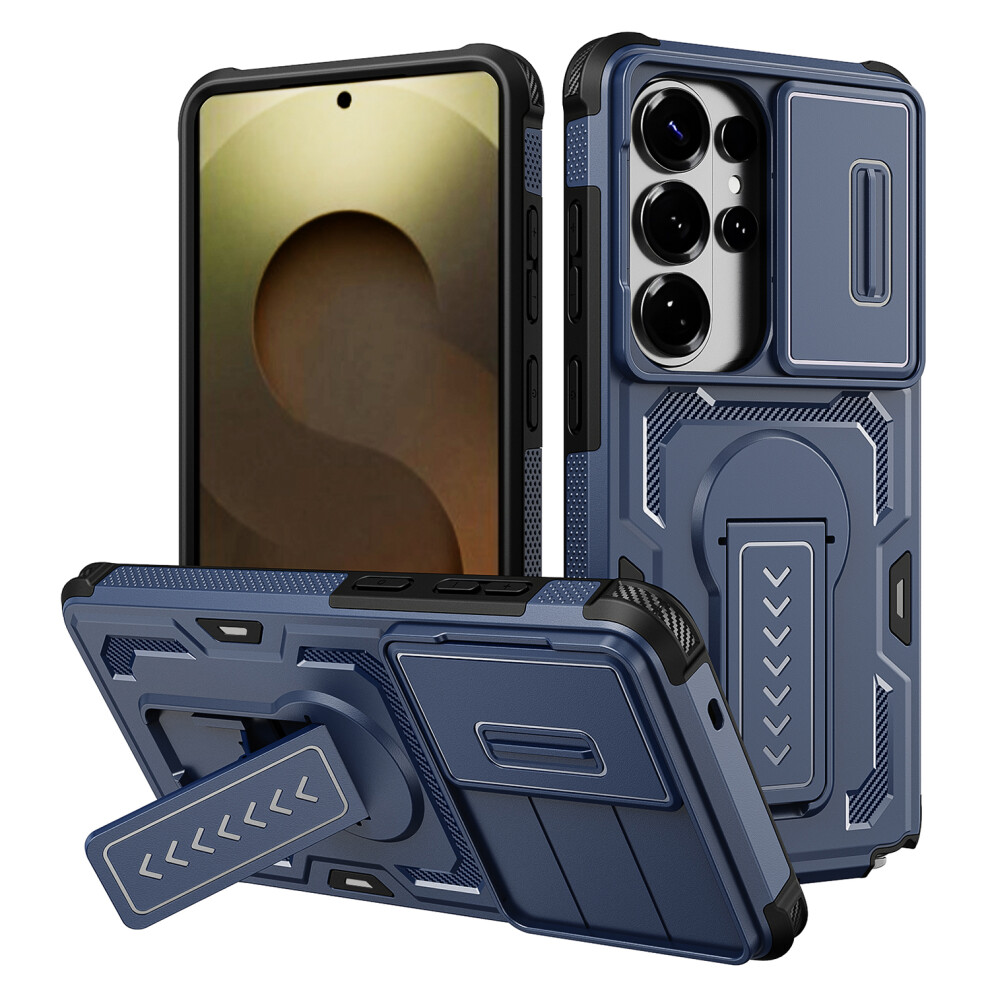 (Blue) For Samsung Galaxy S26 Ultra Case Slide Lens Shield Pc + Tpu Kickstand Phone Cover Blue 6914292192586