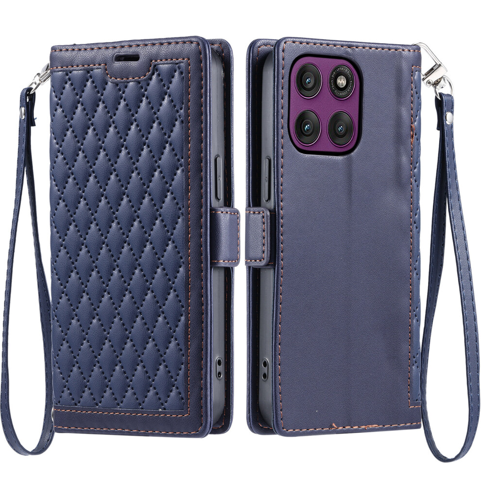 (Blue) For Motorola Edge 70 Fusion+ 5G / Edge 70 Fusion 5G Leather Case Rhombus Texture Wallet Stand Phone Cover With Wrist Str Blue 6914297070544