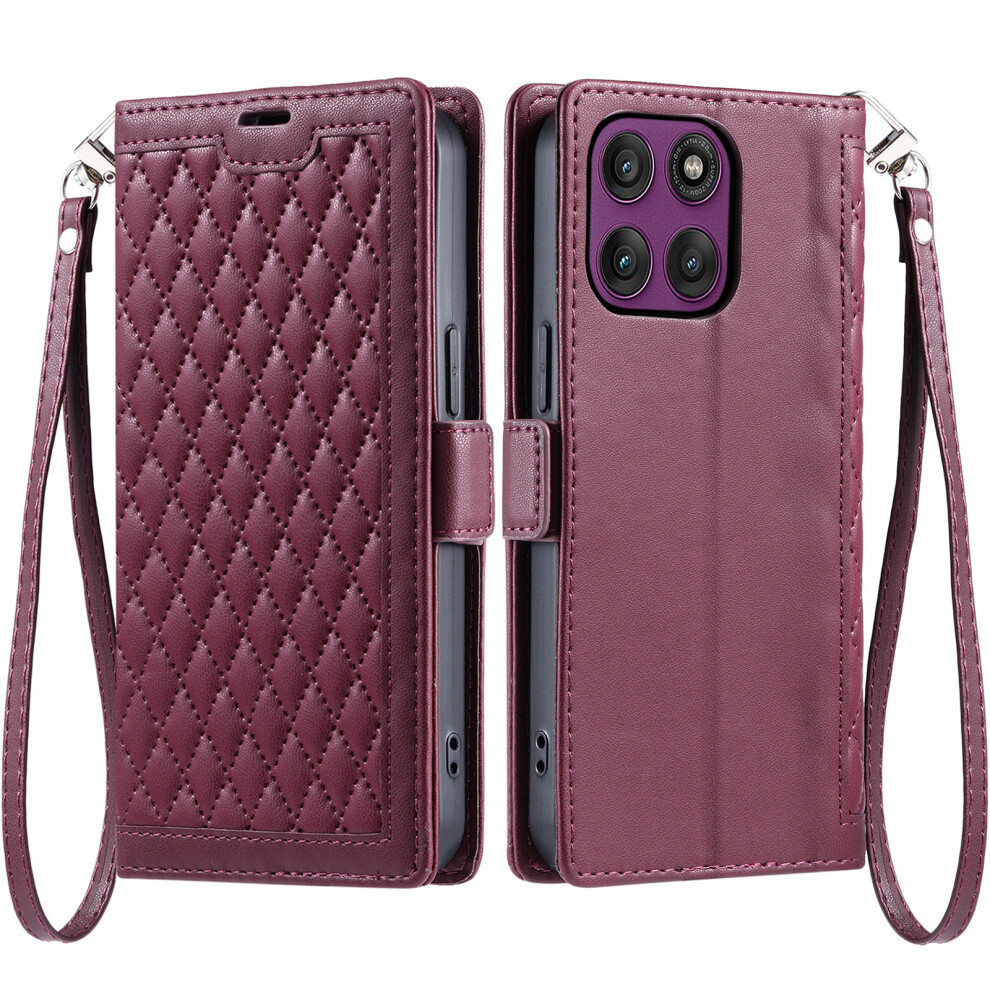 (Wine ) For Motorola Edge 70 Fusion+ 5G / Edge 70 Fusion 5G Leather Case Rhombus Texture Wallet Stand Phone Cover With Wrist Str Red 6914293984524