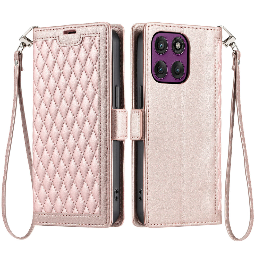 (Rose ) For Motorola Edge 70 Fusion+ 5G / Edge 70 Fusion 5G Leather Case Rhombus Texture Wallet Stand Phone Cover With Wrist Str Gold 6914296222241