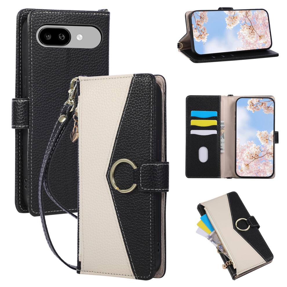 (Black) For Google Pixel 9A Triangular Splicing Zipper Leather Flip Cover With Wrist Strap Black 6914294683938