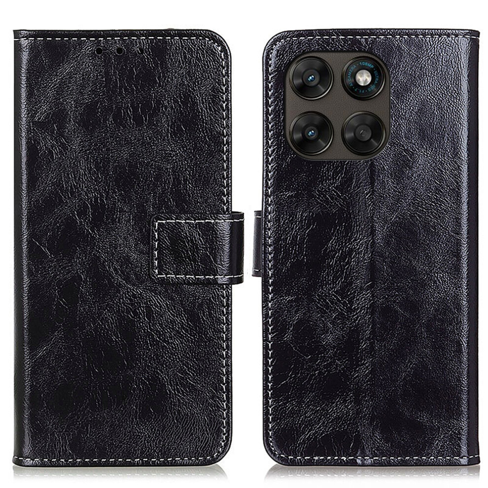 (Black) For Motorola Moto G77 5G / G67 5G Case Wallet Leather Phone Cover Crazy Horse Texture Black 6914294071315