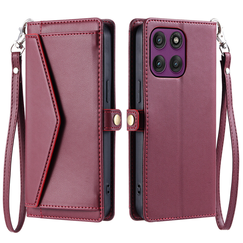 (Wine ) For Motorola Edge 70 Fusion+ 5G / Edge 70 Fusion 5G Leather Case With Wrist Strap Wallet Stand Phone Cover Red 6914297855615
