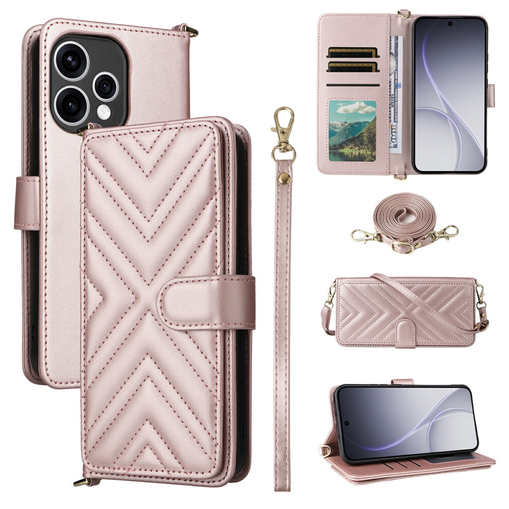 (Pink) For Oppo Reno15 5G (Global) / Reno15c 5G (China) Leather Case Stand Wallet Phone Cover With Shoulder / Wrist Strap Pink 6914294946521