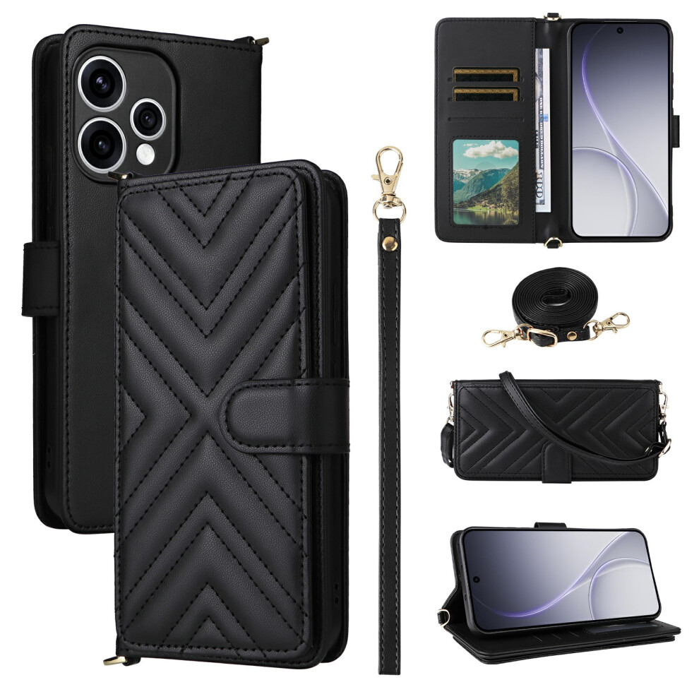 (Black) For Oppo Reno15 5G (Global) / Reno15c 5G (China) Leather Case Stand Wallet Phone Cover With Shoulder / Wrist Strap Black 6914293310323