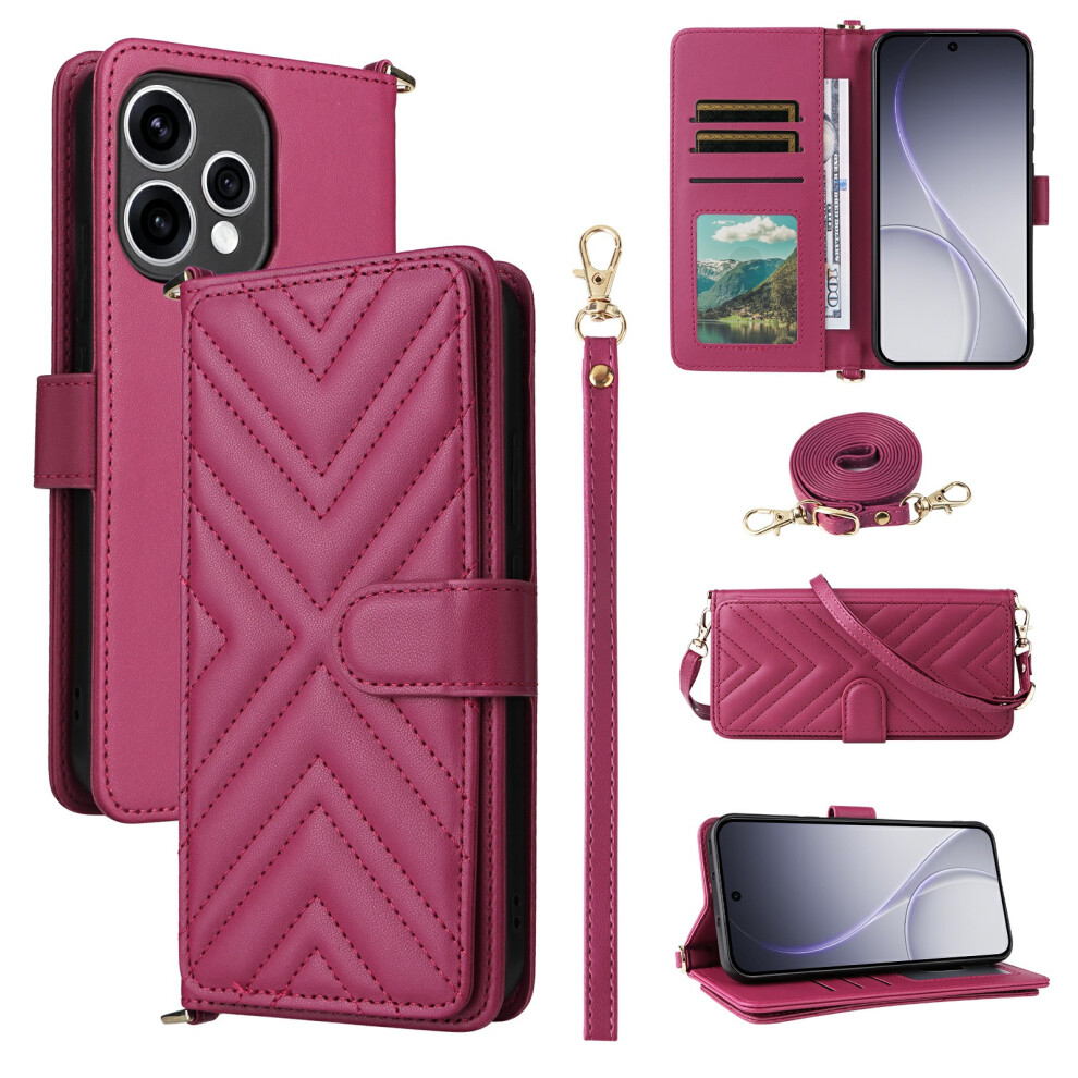 (Rose) For Oppo Reno15 5G (Global) / Reno15c 5G (China) Leather Case Stand Wallet Phone Cover With Shoulder / Wrist Strap 6914293632814