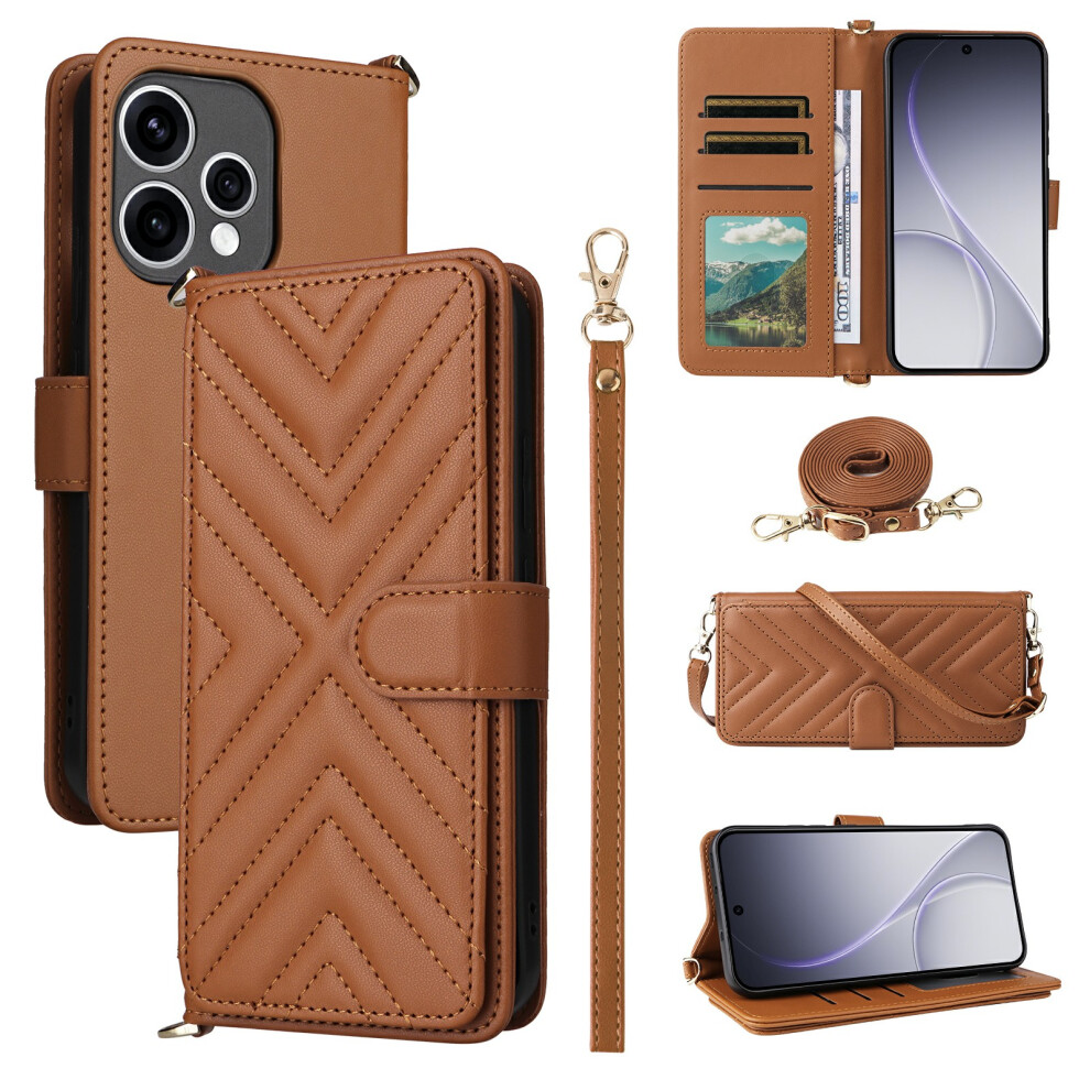 (Brown) For Oppo Reno15 5G (Global) / Reno15c 5G (China) Leather Case Stand Wallet Phone Cover With Shoulder / Wrist Strap Brown 6914299637004