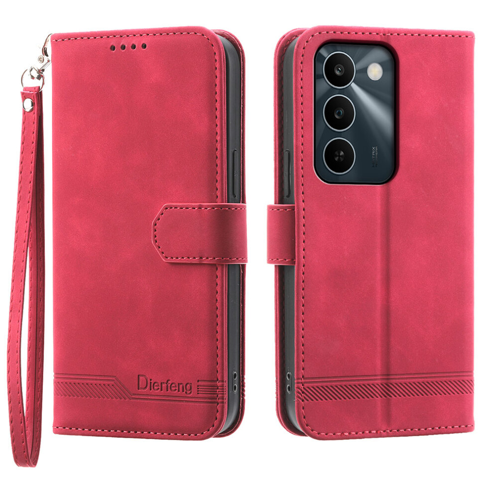 (Red) Df-03 For Realme C83 5G Leather Case Lines Imprint Wallet Phone Cover With Wrist Strap Red 6914293786654