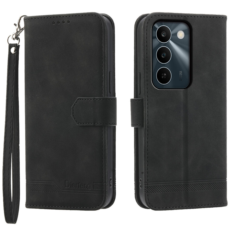 (Black) Df-03 For Realme C83 5G Leather Case Lines Imprint Wallet Phone Cover With Wrist Strap Black 6914293178046