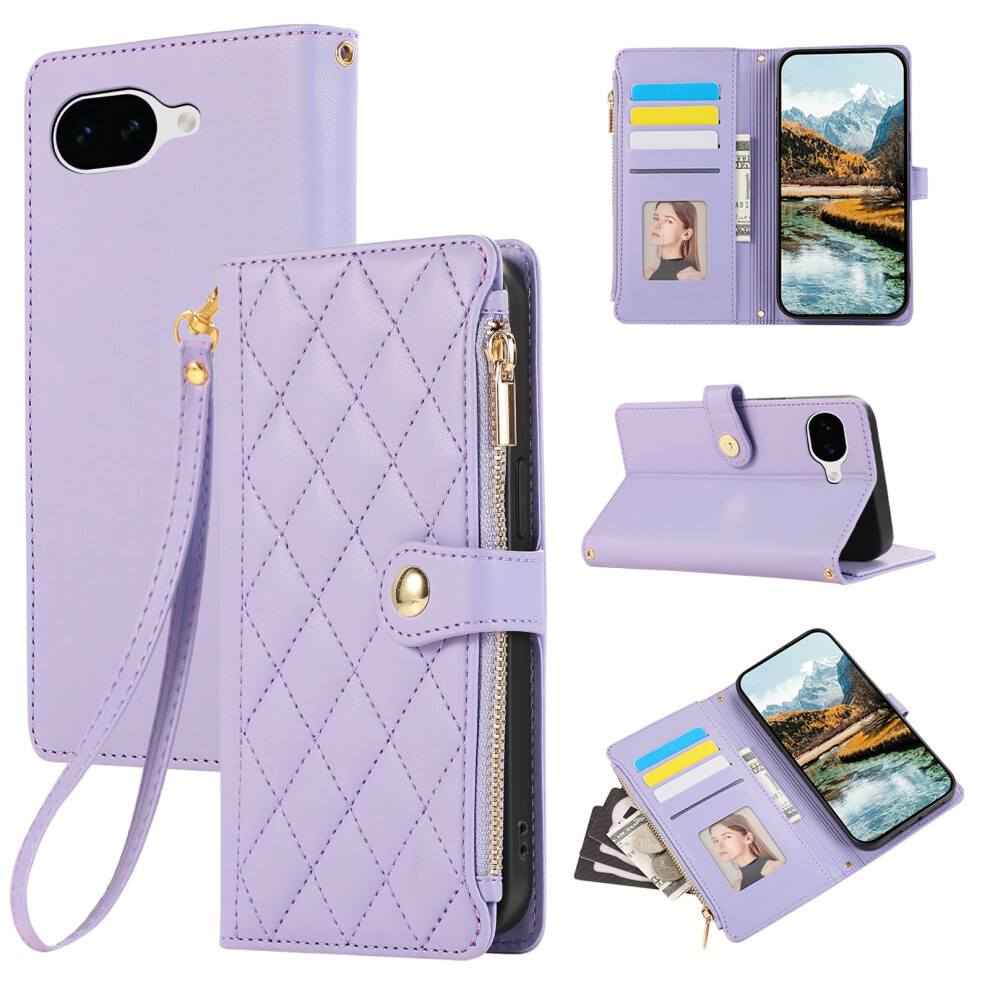 (Purple) Phone Case For Google Pixel 10A Multi Card Slots Zipper Rhombus Leather Cover With Wrist Strap Purple 6914298599051
