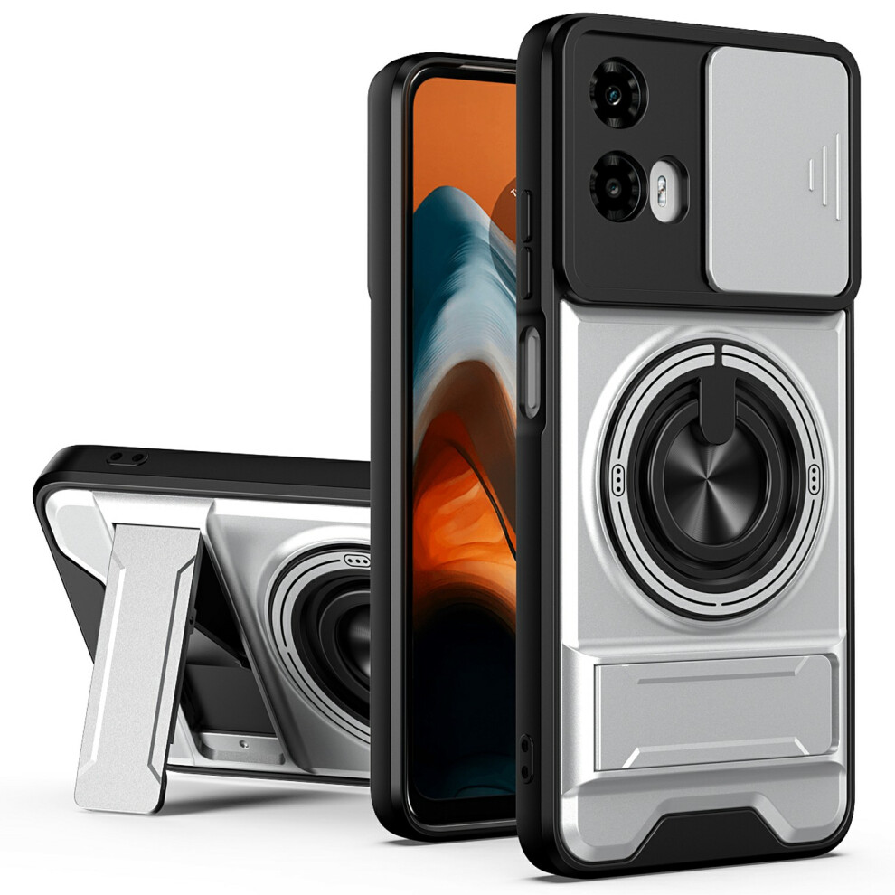 (Silver) Magnetic Case For Motorola Moto G34 5G / G45 5G Ring Holder Foldable Kickstand Tpu Pc Phone Cover With Camera Lens Sli Silver 6914298732465