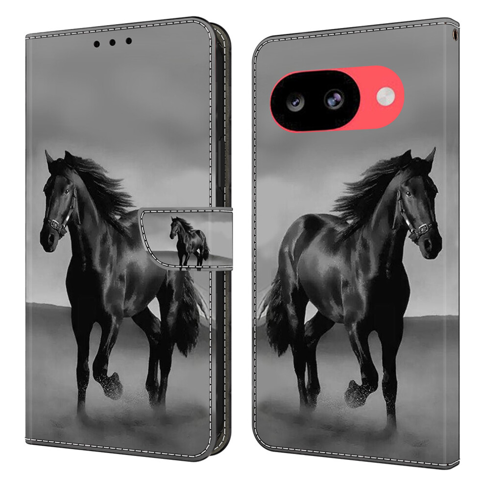 ( Horse) For Google Pixel 10A Case Magnetic Clasp 3D Pattern Leather Wallet Phone Cover Black 6914299650522