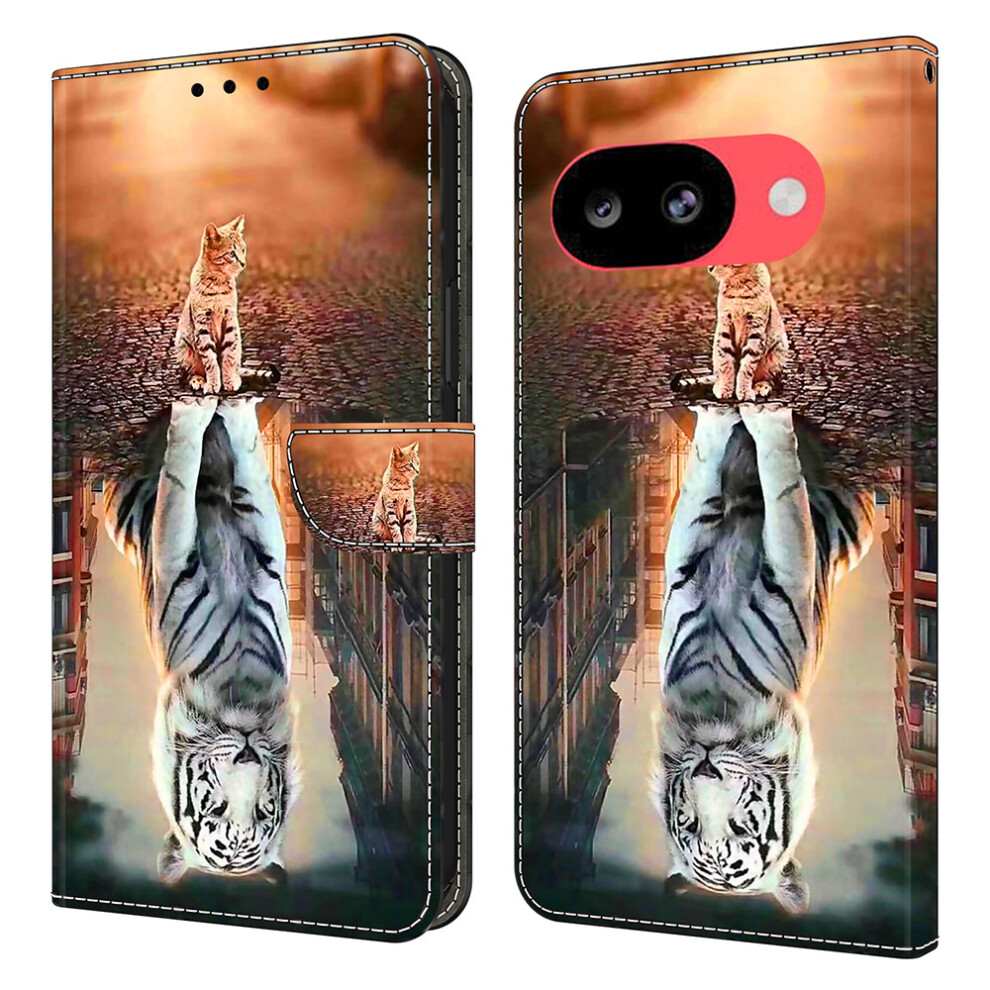 (Cat And Tiger) For Google Pixel 10A Case Magnetic Clasp 3D Pattern Leather Wallet Phone Cover 6914299918394