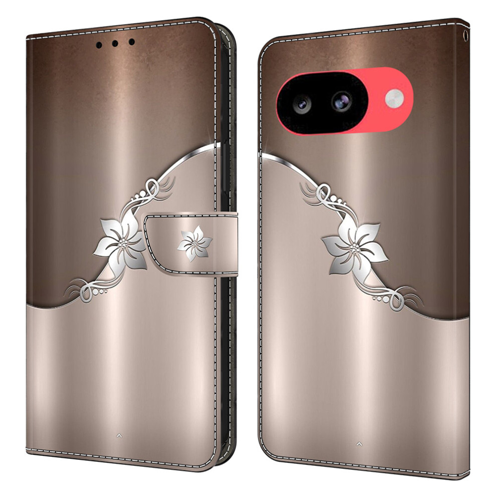 ( Flower) For Google Pixel 10A Case Magnetic Clasp 3D Pattern Leather Wallet Phone Cover Silver 6914298777763