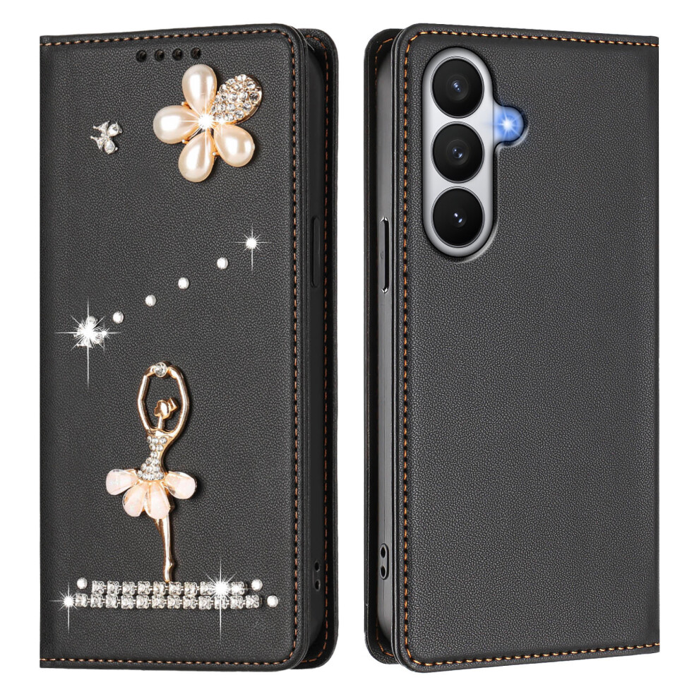 (Black) For Samsung Galaxy S26 Leather Case Rfid Blocking Wallet Stand Rhinestones Ballet Dancer Flip Phone Cover Black 6914296987928