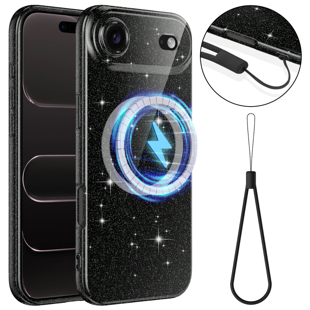 (Black) For Iphone Air Magnetic Case Glitter Tpu Shockproof Phone Cover With Lanyard Compatible With Magsafe Black 6914299765141