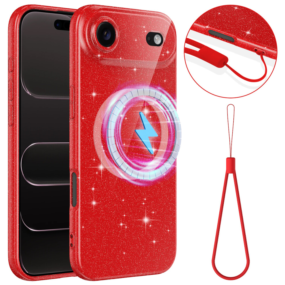 (Red) For Iphone Air Magnetic Case Glitter Tpu Shockproof Phone Cover With Lanyard Compatible With Magsafe Red 6914291114084