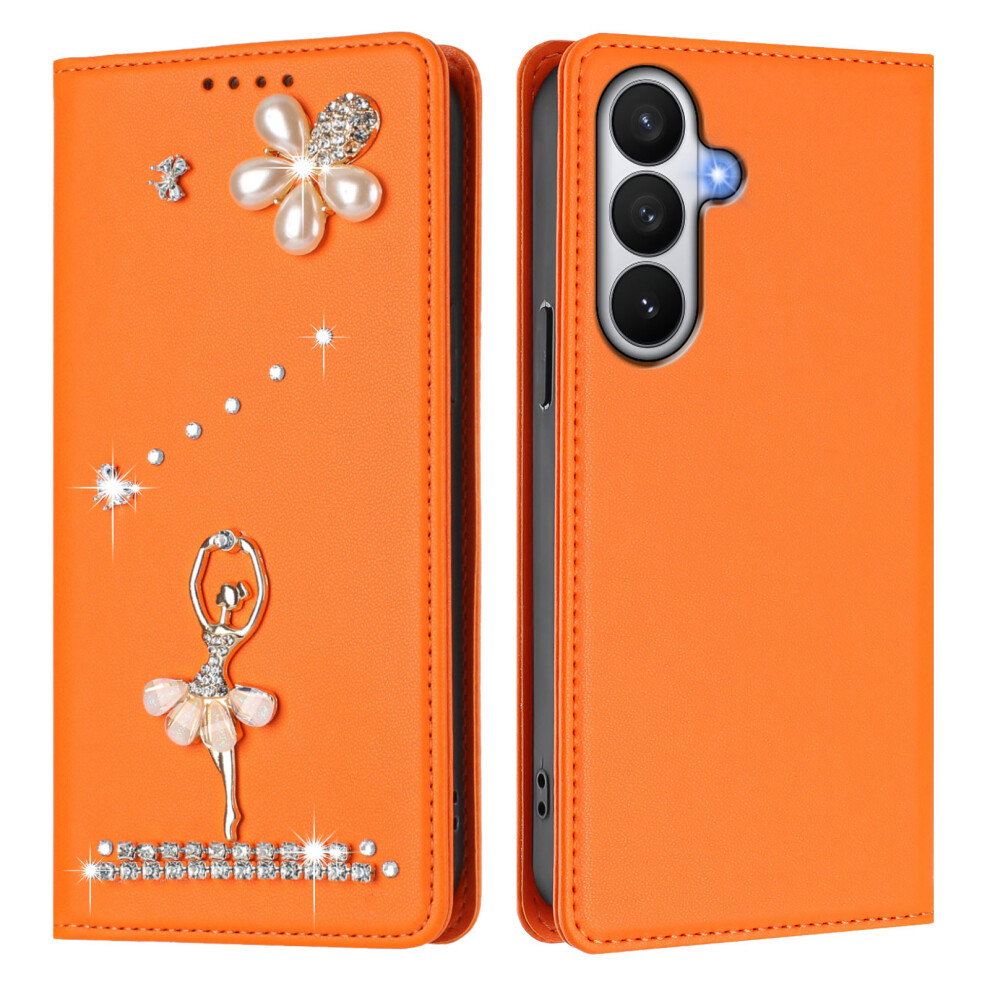 (Orange) For Samsung Galaxy S26 Leather Case Rfid Blocking Wallet Stand Rhinestones Ballet Dancer Flip Phone Cover Orange 6914295697989