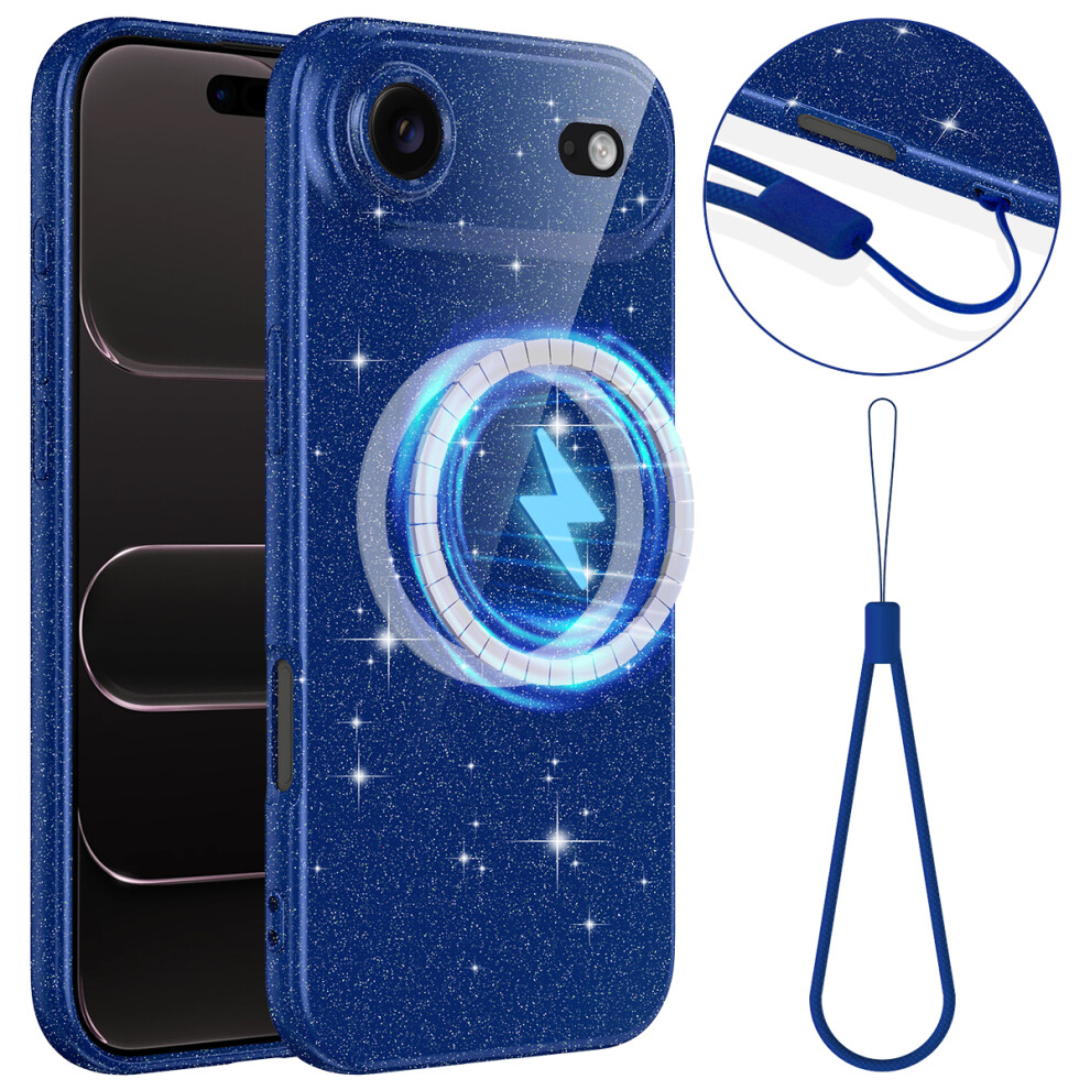 (Blue) For Iphone Air Magnetic Case Glitter Tpu Shockproof Phone Cover With Lanyard Compatible With Magsafe Blue 6914296531107