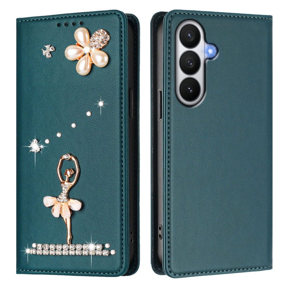 (Green) For Samsung Galaxy S26 Leather Case Rfid Blocking Wallet Stand Rhinestones Ballet Dancer Flip Phone Cover Green 6914294894679