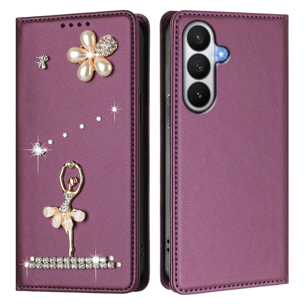 (Violet) For Samsung Galaxy S26 Leather Case Rfid Blocking Wallet Stand Rhinestones Ballet Dancer Flip Phone Cover 6914296013627