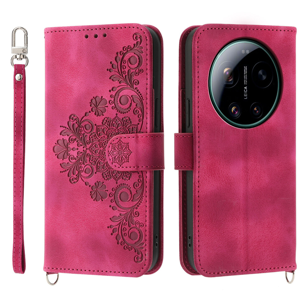 (Wine ) For Xiaomi 17 Ultra 5G Wallet Case Flower Pattern Pu Leather Phone Cover With Strap Red 6914292063503