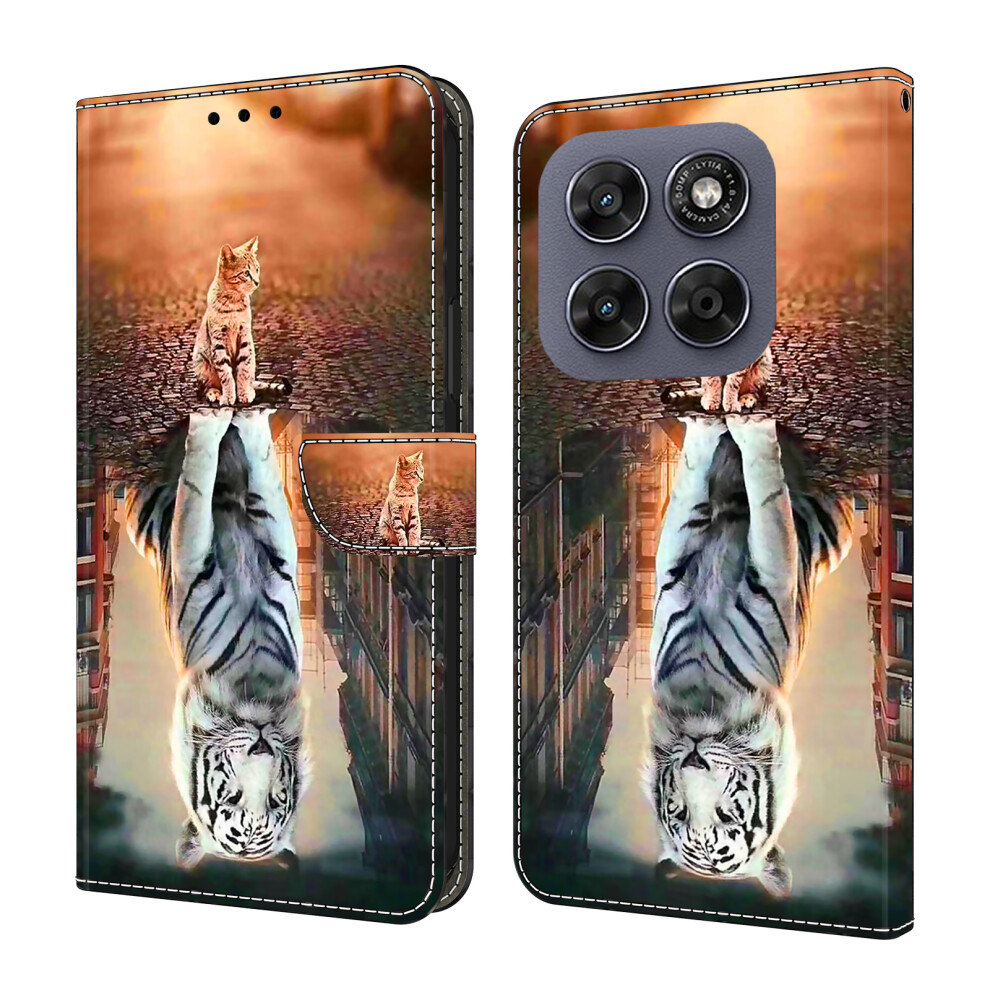 (Cat And Tiger) For Motorola Moto G17 Power 4G / G17 4G / G15 4G / G15 Power 4G Case Magnetic Clasp 3D Pattern Leather Wallet Phone Cove 6914290123346