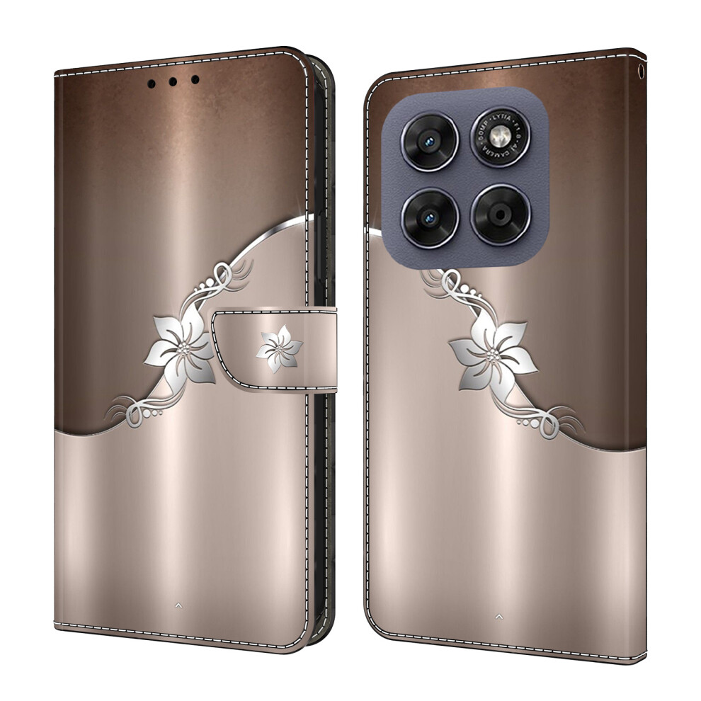 ( Flower) For Motorola Moto G17 Power 4G / G17 4G / G15 4G / G15 Power 4G Case Magnetic Clasp 3D Pattern Leather Wallet Phone Cove Silver 6914290580378