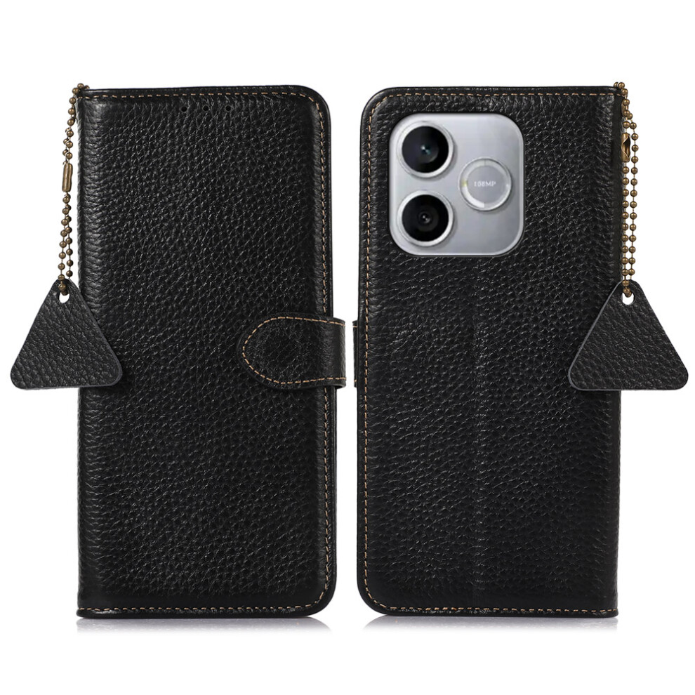 (Black) For Honor 600 Lite 5G Case Rfid Blocking Genuine Cow Leather Phone Cover Litchi Texture Black 6914297835877