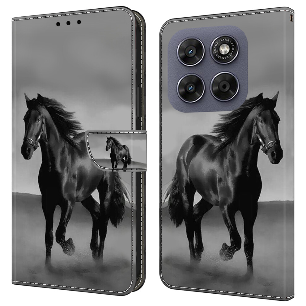 ( Horse) Wallet Case For Motorola Moto G67 5G / G77 5G Magnetic Clasp 3D Pattern Leather Phone Cover Black 6914290822928