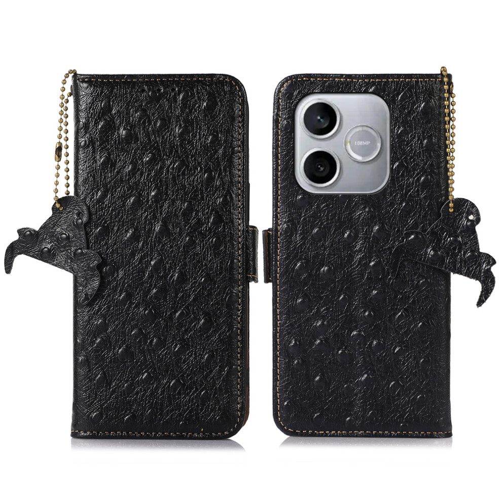(Black) For Honor 600 Lite 5G Case Rfid Blocking Genuine Cow Leather Phone Case Ostrich Texture Black 6914295033954