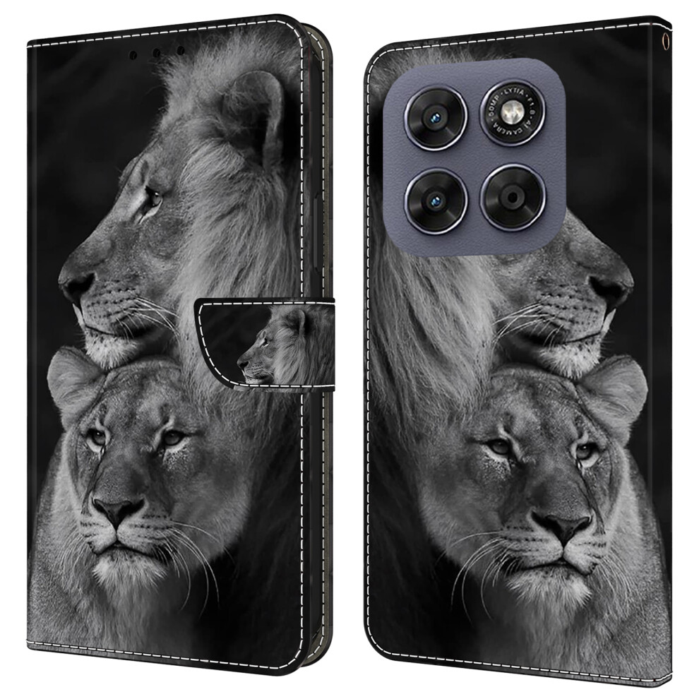(Couple Lions) Wallet Case For Motorola Moto G67 5G / G77 5G Magnetic Clasp 3D Pattern Leather Phone Cover 6914294112353