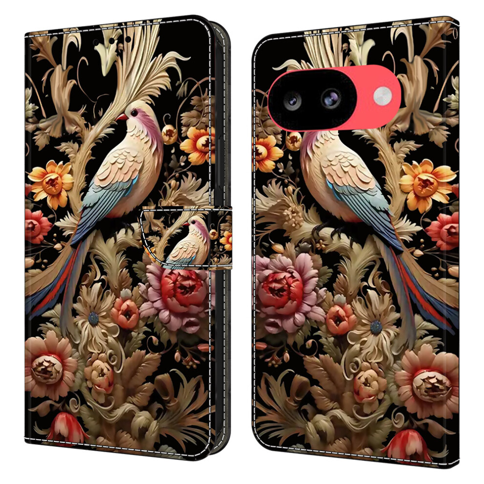 (Vintage Flower And Bird) Wallet Case For Google Pixel 10A Pu Leather Phone Cover With Stand 6914292208706