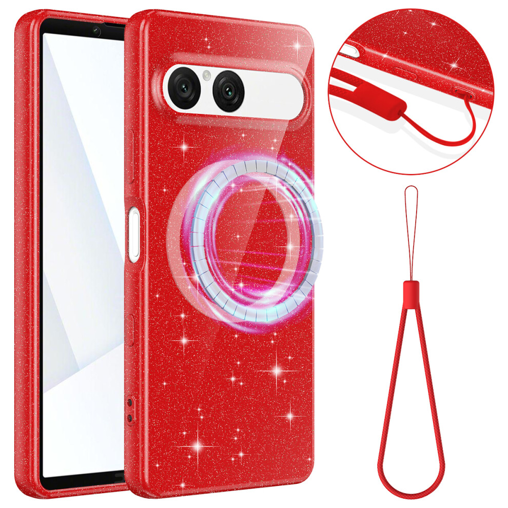 (Red) For Sony Xperia 10 Vii Magnetic Case Glitter Tpu Shockproof Phone Cover With Lanyard Compatible With Magsafe Red 6914293789662
