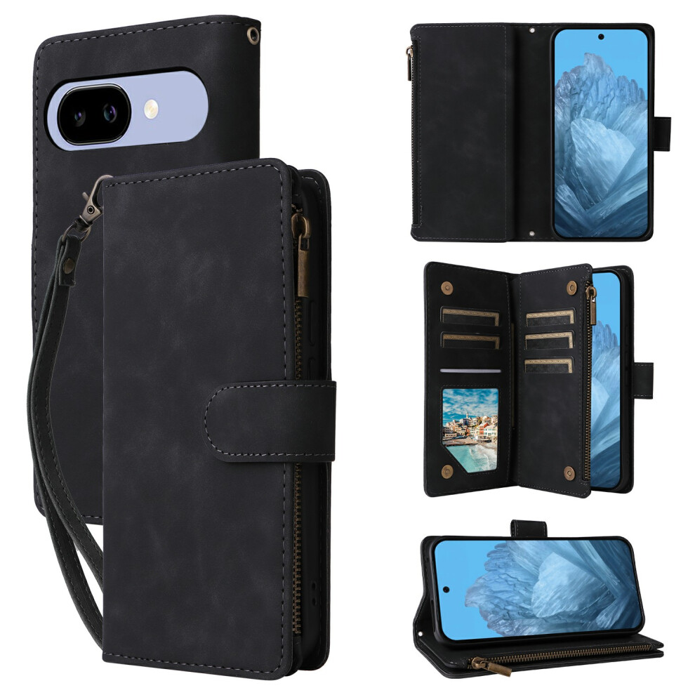 (Black) For Google Pixel 10A Case Zipper Wallet Multiple Card Slots Leather Phone Cover With Wrist Strap Black 6914299318262