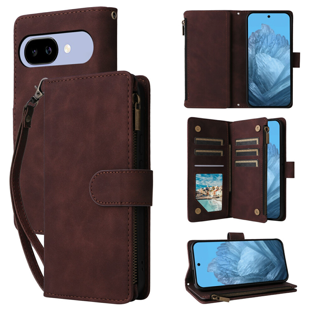 (Coffee) For Google Pixel 10A Case Zipper Wallet Multiple Card Slots Leather Phone Cover With Wrist Strap Brown 6914294167872