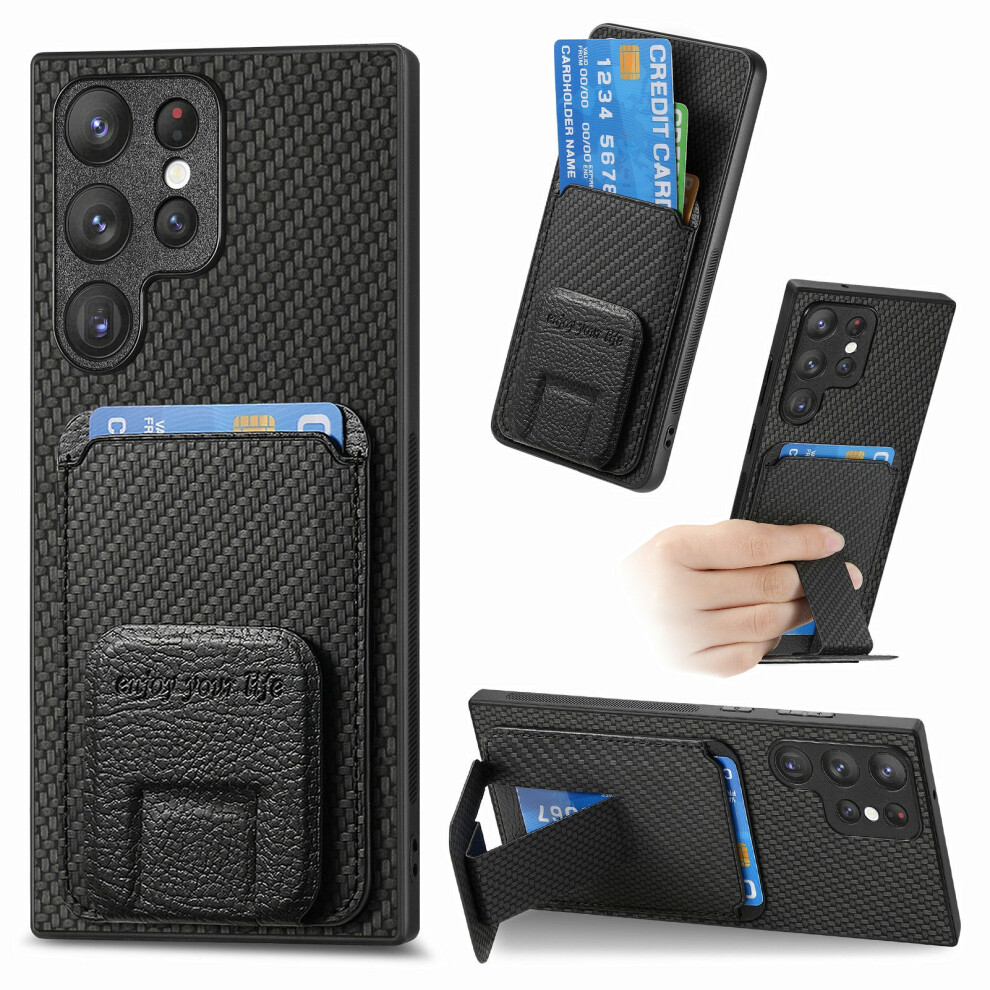 (Black) For Samsung Galaxy S26 Ultra Case Card Holder Carbon Fiber Texture Leather Coated Tpu Phone Cover Black 6914296344851