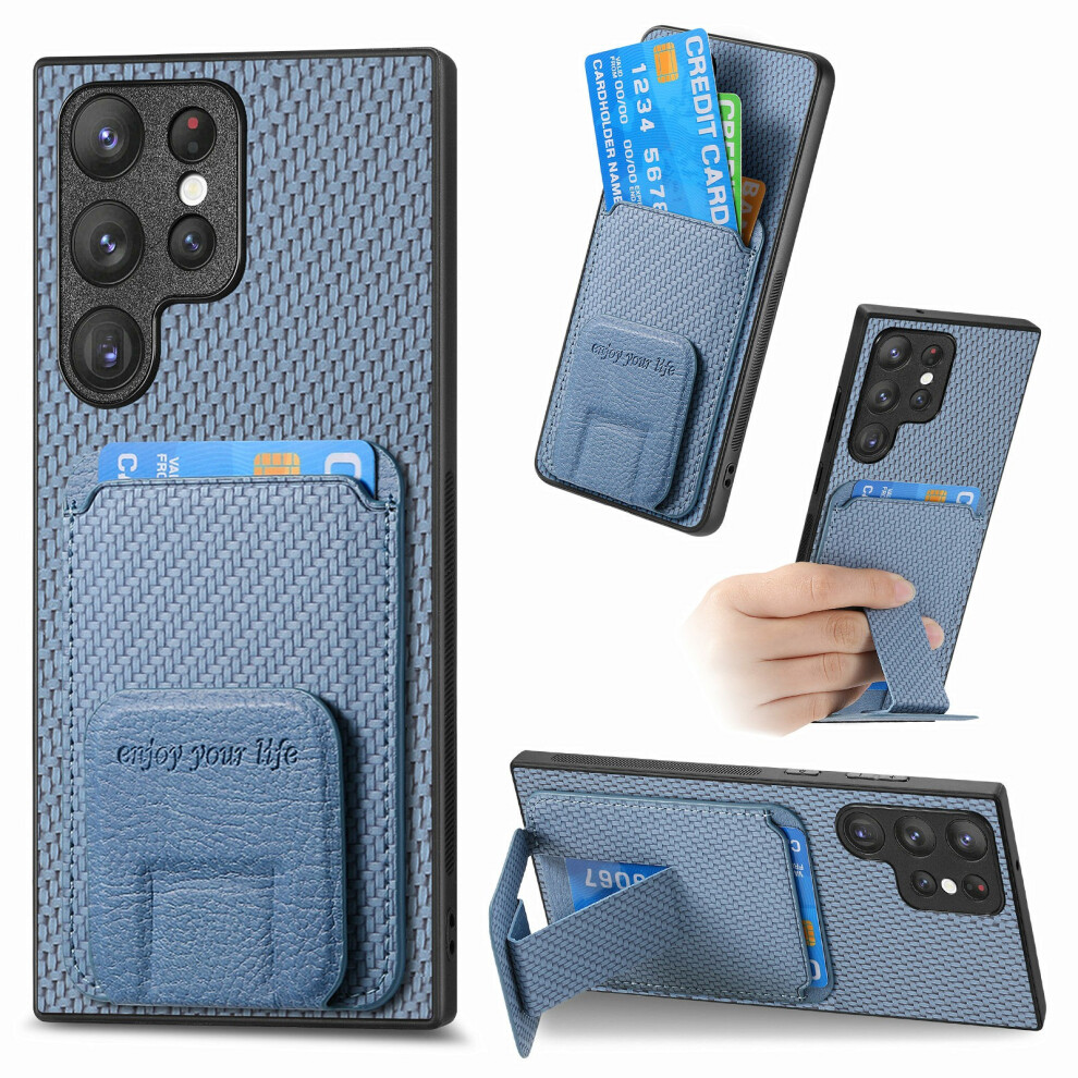 (Blue) For Samsung Galaxy S26 Ultra Case Card Holder Carbon Fiber Texture Leather Coated Tpu Phone Cover Blue 6914291270407