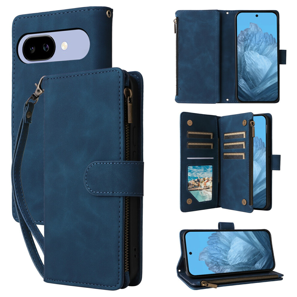 (Blue) For Google Pixel 10A Case Zipper Wallet Multiple Card Slots Leather Phone Cover With Wrist Strap Blue 6914297682068
