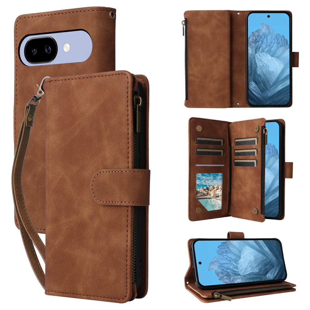(Brown) For Google Pixel 10A Case Zipper Wallet Multiple Card Slots Leather Phone Cover With Wrist Strap Brown 6914296668438
