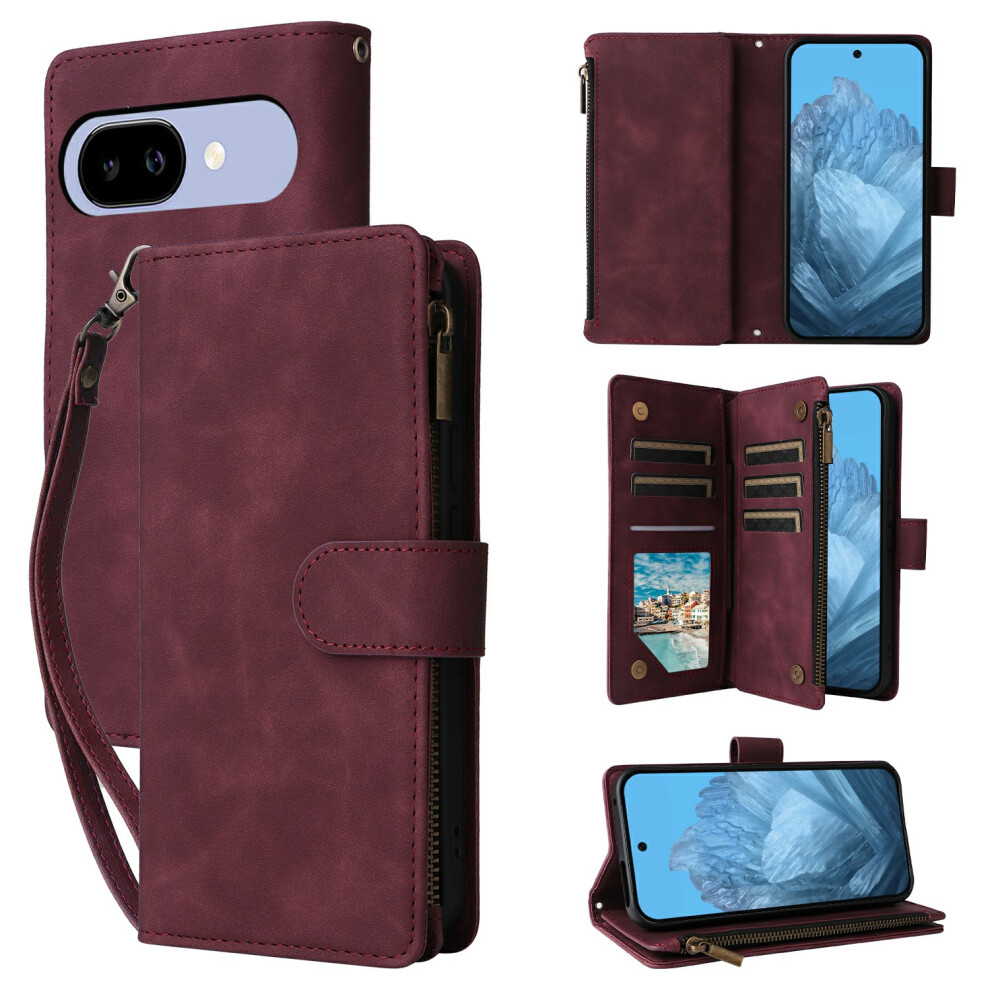 (Wine ) For Google Pixel 10A Case Zipper Wallet Multiple Card Slots Leather Phone Cover With Wrist Strap Red 6914298776278