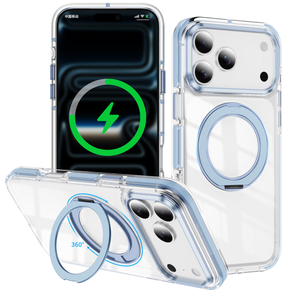 (Baby ) For Iphone 17 Pro Case Compatible With Magsafe Rotating Kickstand Shockproof Tpu Pc Acrylic Clear Phone Back Cover Blue 6914292831065