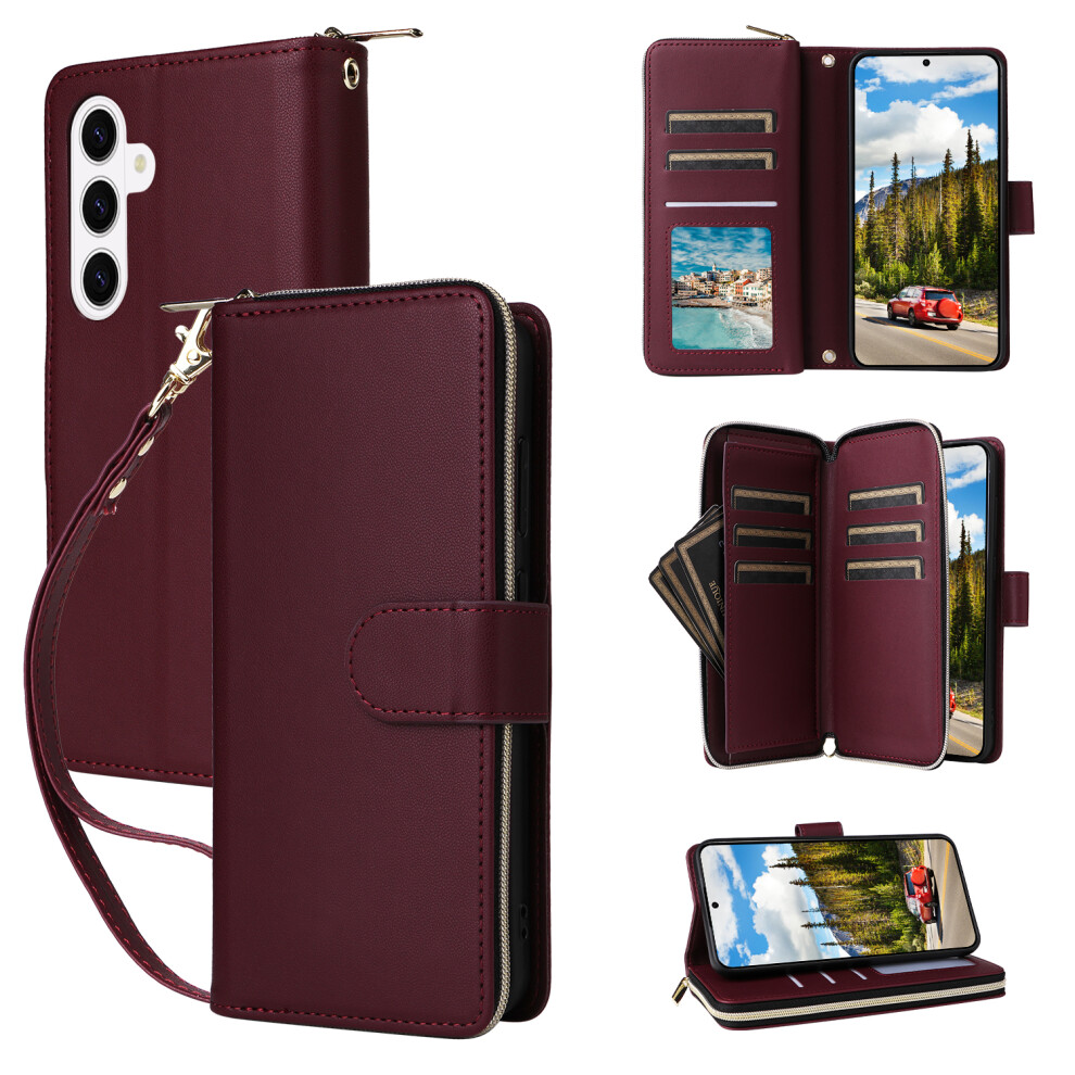 (Wine ) For Samsung Galaxy S26+ Case 9 Card Slots Zipper Pocket Pu Leather Phone Cover With Wrist Strap Red 6914296363531
