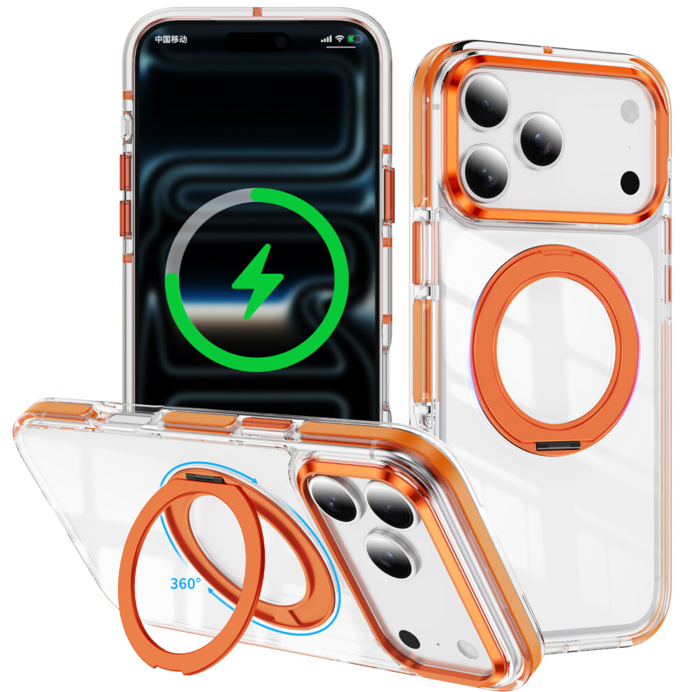 (Orange) For Iphone 17 Pro Case Compatible With Magsafe Rotating Kickstand Shockproof Tpu Pc Acrylic Clear Phone Back Cover Orange 6914298868300