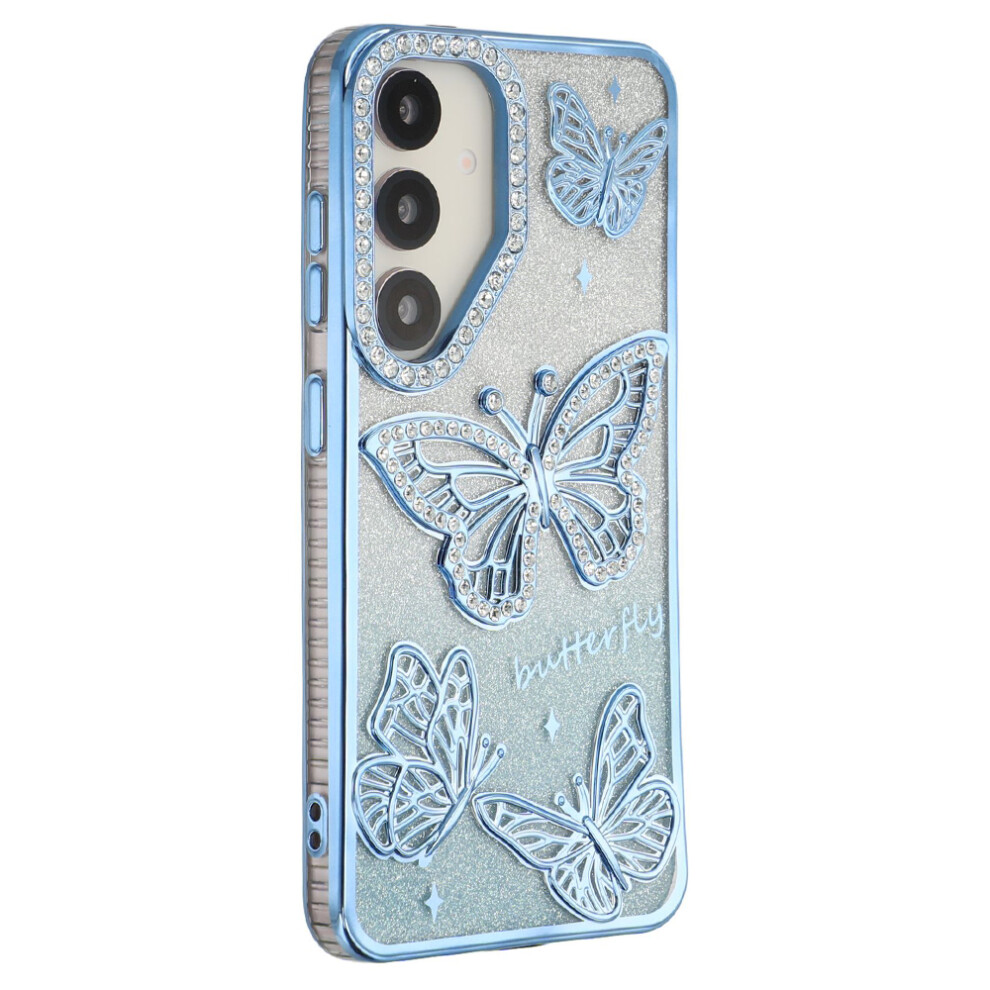 (Blue) For Samsung Galaxy S26 Case Rhinestones Decor 3D Butterfly Tpu Phone Cover With Glitter Paper Blue 6914295104333