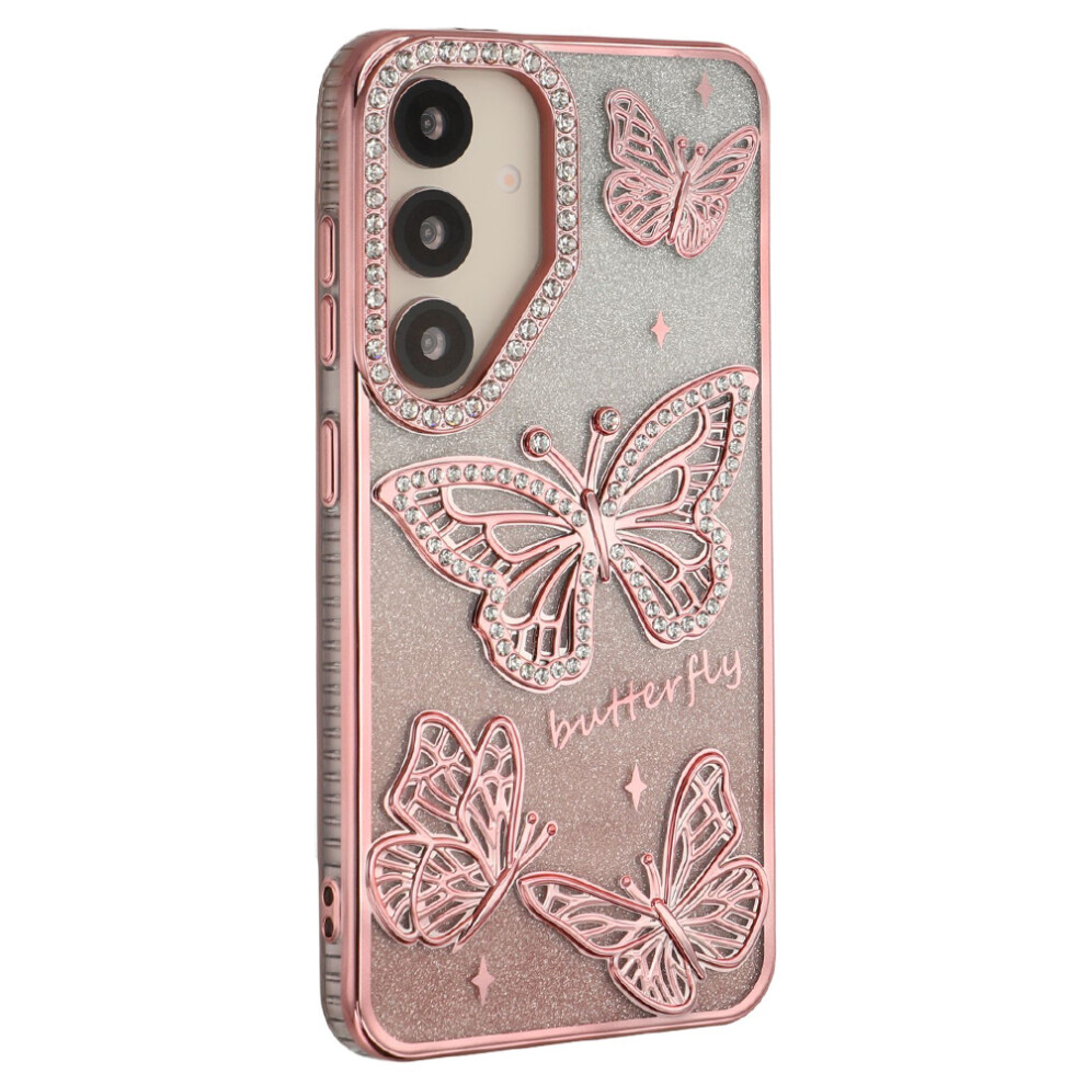 (Pink) For Samsung Galaxy S26 Case Rhinestones Decor 3D Butterfly Tpu Phone Cover With Glitter Paper Pink 6914299117124