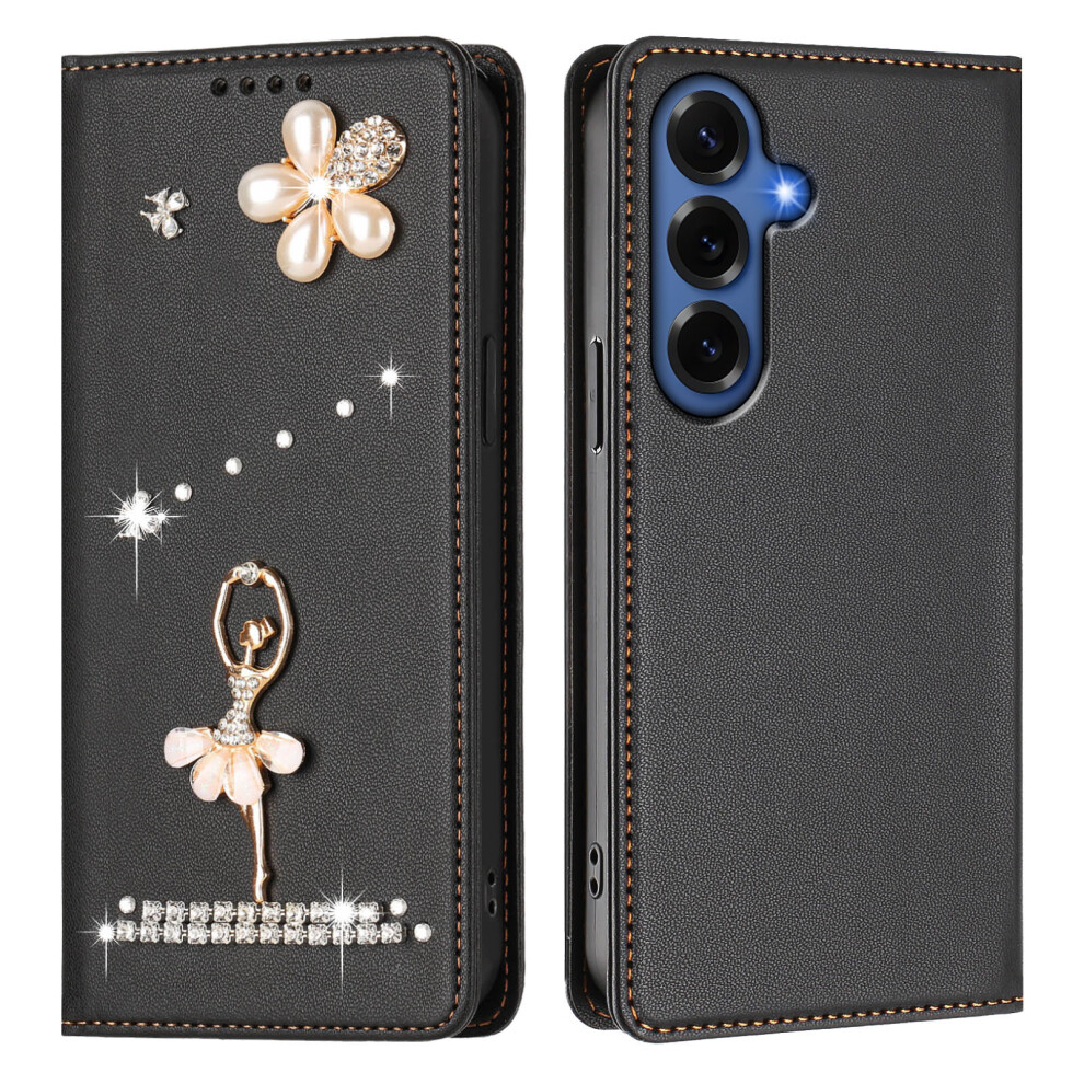 (Black) For Samsung Galaxy S26+ Leather Case Rfid Blocking Wallet Stand Rhinestones Ballet Dancer Flip Phone Cover Black 6914291666767