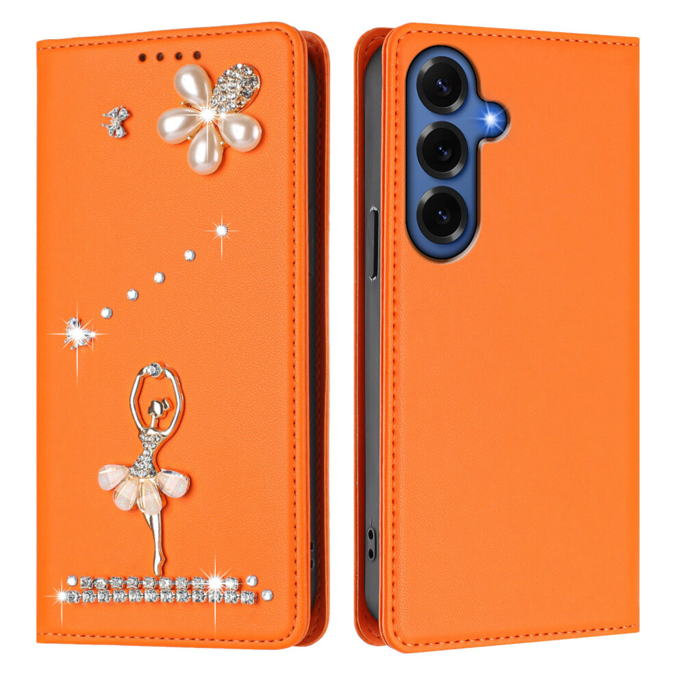 (Orange) For Samsung Galaxy S26+ Leather Case Rfid Blocking Wallet Stand Rhinestones Ballet Dancer Flip Phone Cover Orange 6914292981982