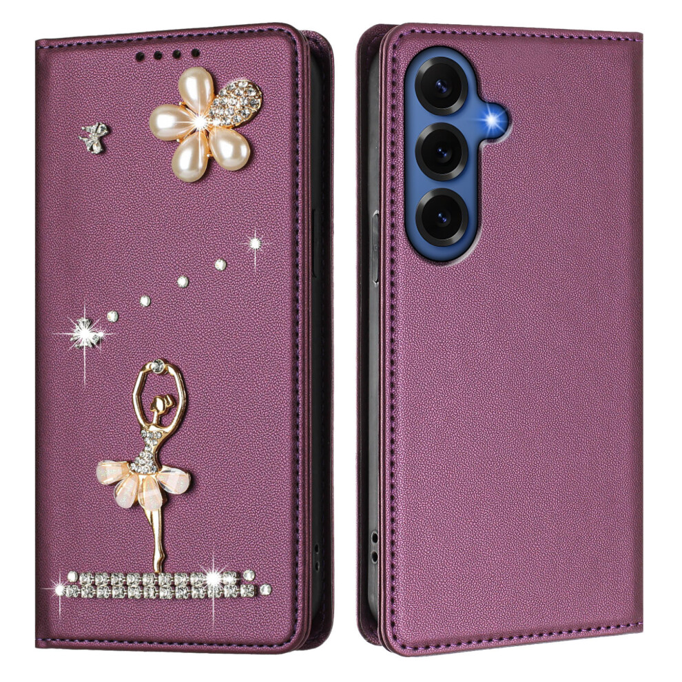 (Violet) For Samsung Galaxy S26+ Leather Case Rfid Blocking Wallet Stand Rhinestones Ballet Dancer Flip Phone Cover 6914292109935