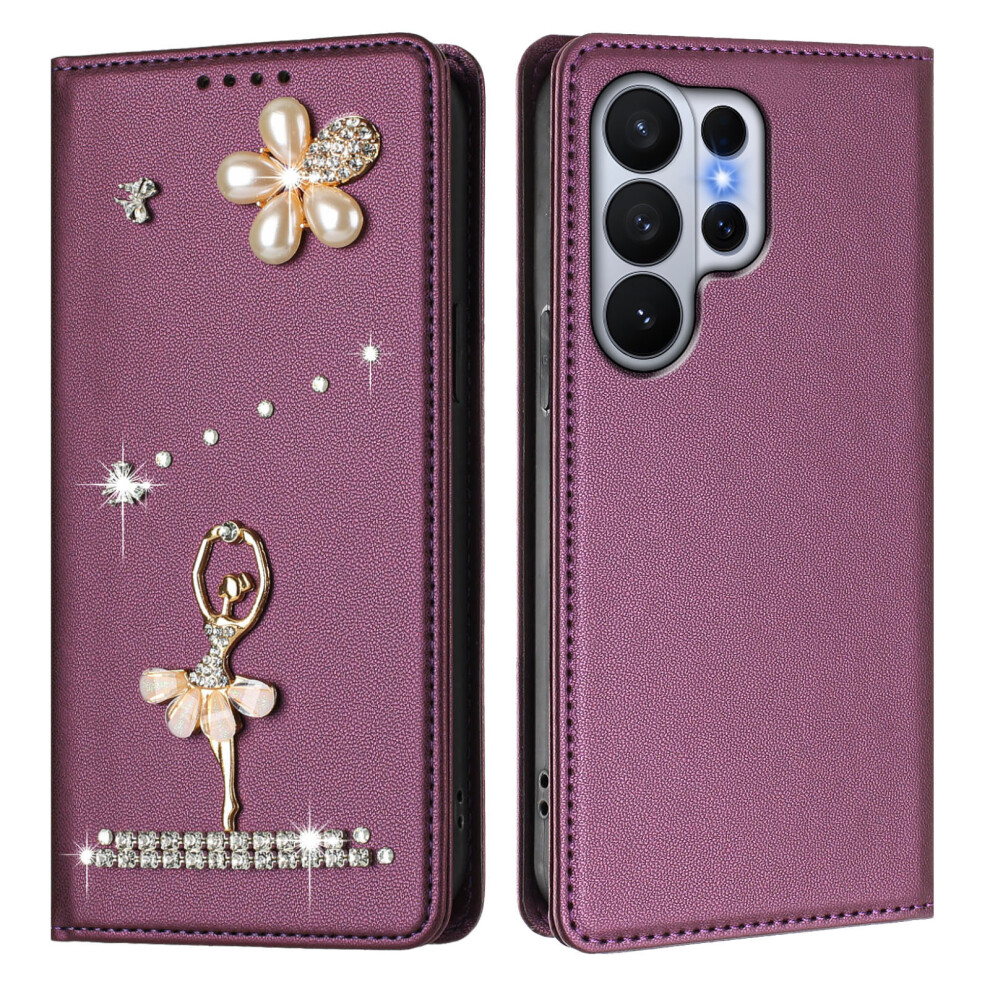 (Violet) For Samsung Galaxy S26 Ultra Leather Case Rfid Blocking Wallet Stand Rhinestones Ballet Dancer Flip Phone Cover 6914290274666